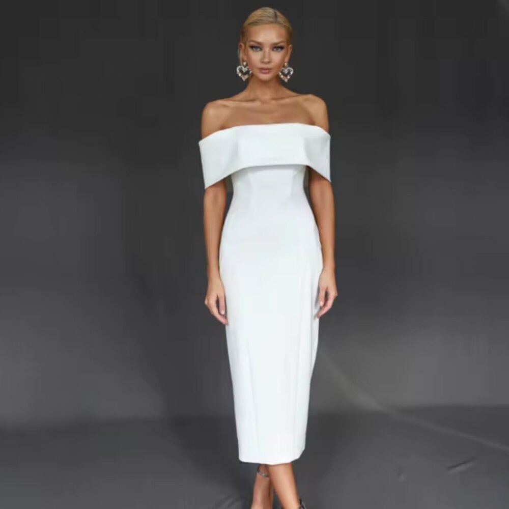 Elegant Off-the-Shoulder Midi Bridal Dress